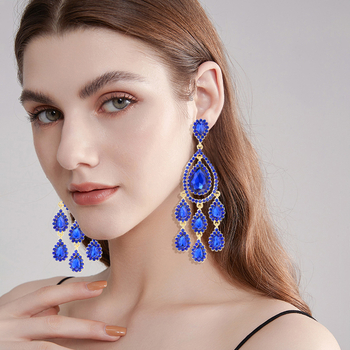 Cercei cu cristale artificiale, design geometric, picături lungi în formă de lacrimă, placare electrolitică, pentru femei