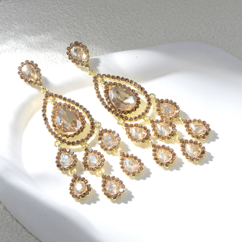 Cercei cu cristale artificiale, design geometric, picături lungi în formă de lacrimă, placare electrolitică, pentru femei