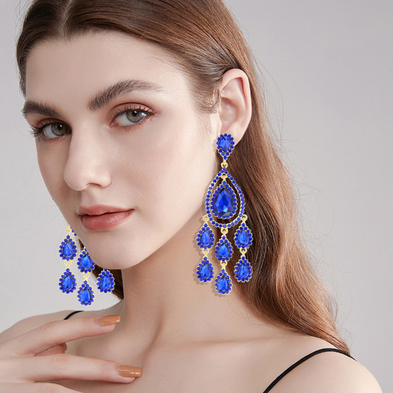 Cercei cu cristale artificiale, design geometric, picături lungi în formă de lacrimă, placare electrolitică, pentru femei