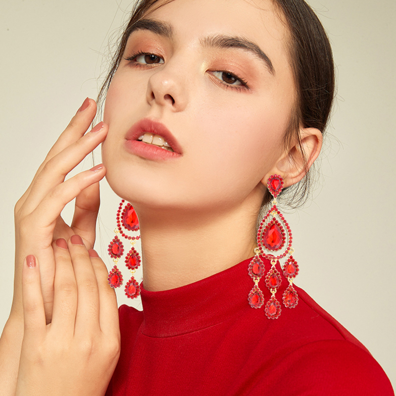 Cercei cu cristale artificiale, design geometric, picături lungi în formă de lacrimă, placare electrolitică, pentru femei