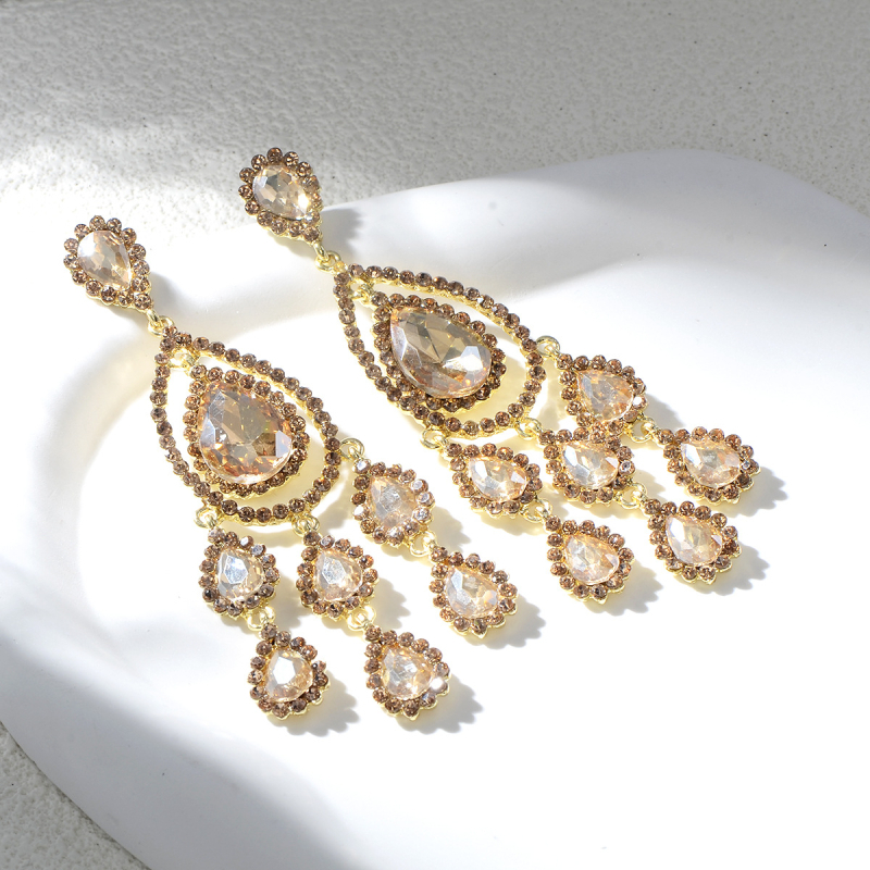 Cercei cu cristale artificiale, design geometric, picături lungi în formă de lacrimă, placare electrolitică, pentru femei