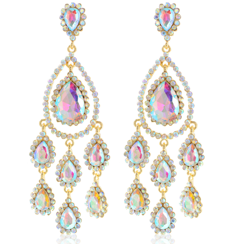 Cercei cu cristale artificiale, design geometric, picături lungi în formă de lacrimă, placare electrolitică, pentru femei