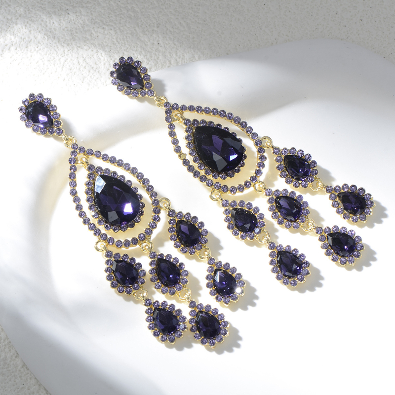 Cercei cu cristale artificiale, design geometric, picături lungi în formă de lacrimă, placare electrolitică, pentru femei