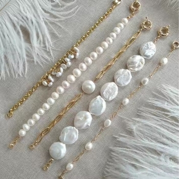 Brățară Baroc cu perle de apă dulce (design nasture neregulat; lanț din oțel inoxidabil)