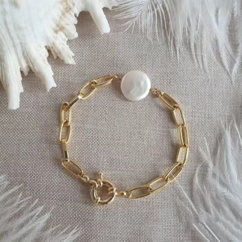 Brățară Baroc cu perle de apă dulce (design nasture neregulat; lanț din oțel inoxidabil)