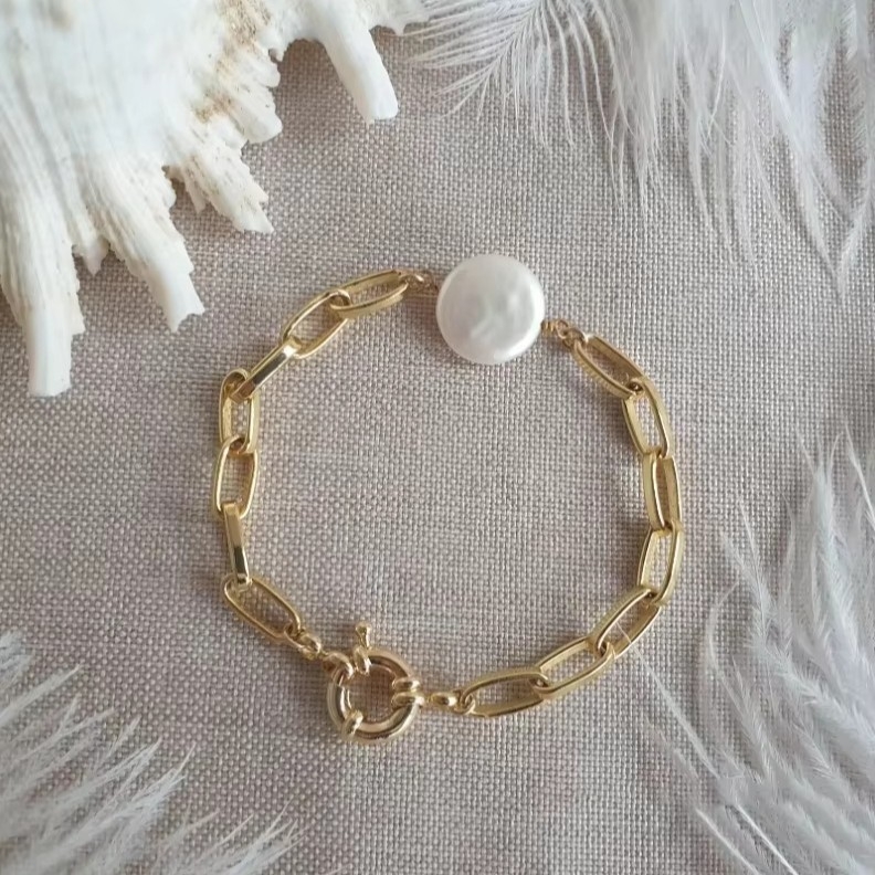 Brățară Baroc cu perle de apă dulce (design nasture neregulat; lanț din oțel inoxidabil)