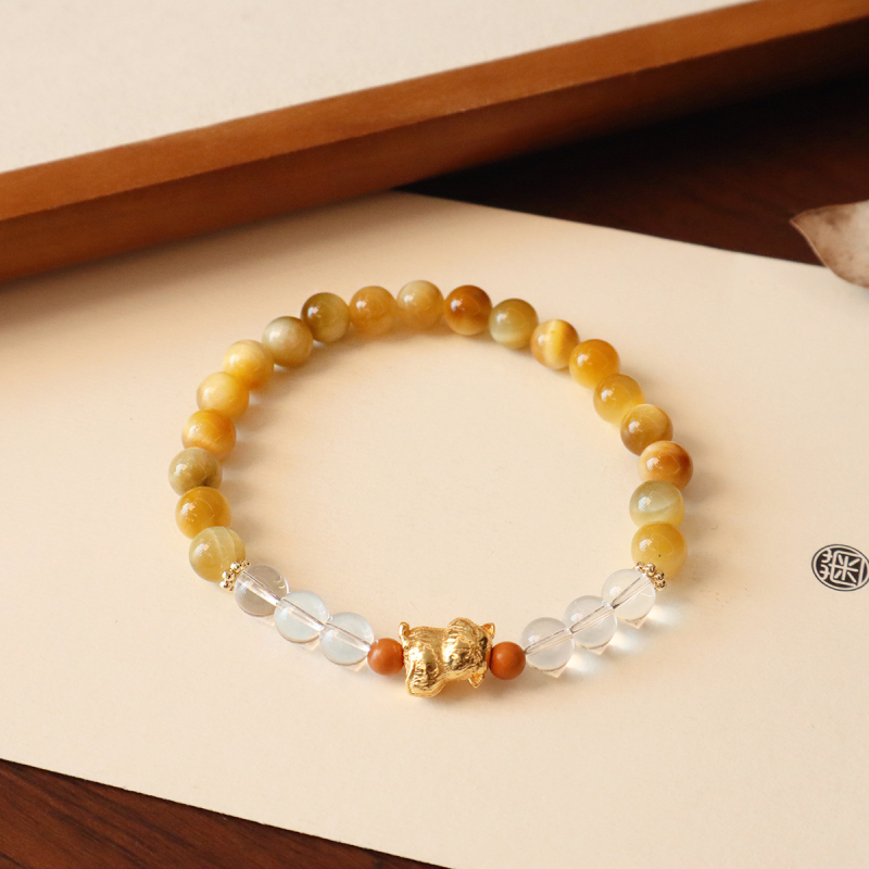 Brățară din piatră ochi de tigru cu mărgele de cristal, stil nou Chinezesc pentru femei, motiv animal/Zodiac, lansare iarnă 2024