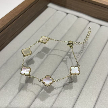 Brățară cu design dublu față, trifoi cu patru foi și zirconiu, din cupru, placare electroplatină, stil feminin lux