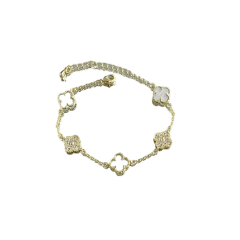 Brățară cu design dublu față, trifoi cu patru foi și zirconiu, din cupru, placare electroplatină, stil feminin lux