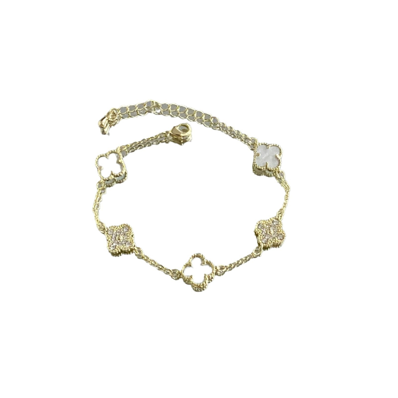 Brățară cu design dublu față, trifoi cu patru foi și zirconiu, din cupru, placare electroplatină, stil feminin lux