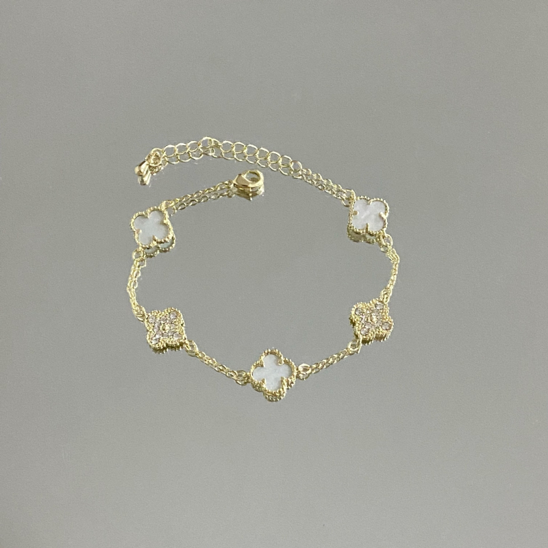 Brățară cu design dublu față, trifoi cu patru foi și zirconiu, din cupru, placare electroplatină, stil feminin lux