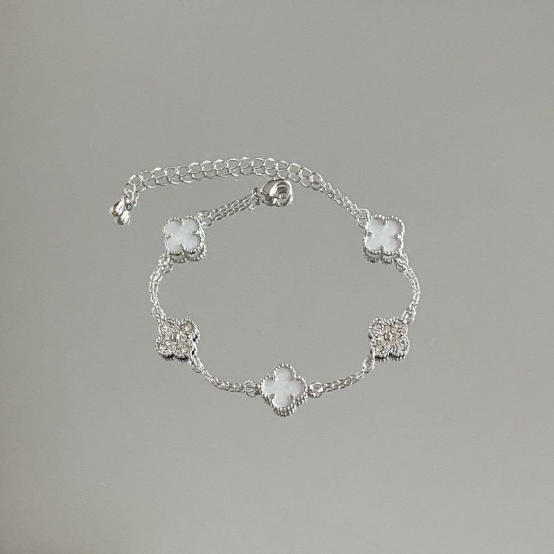 Brățară cu design dublu față, trifoi cu patru foi și zirconiu, din cupru, placare electroplatină, stil feminin lux