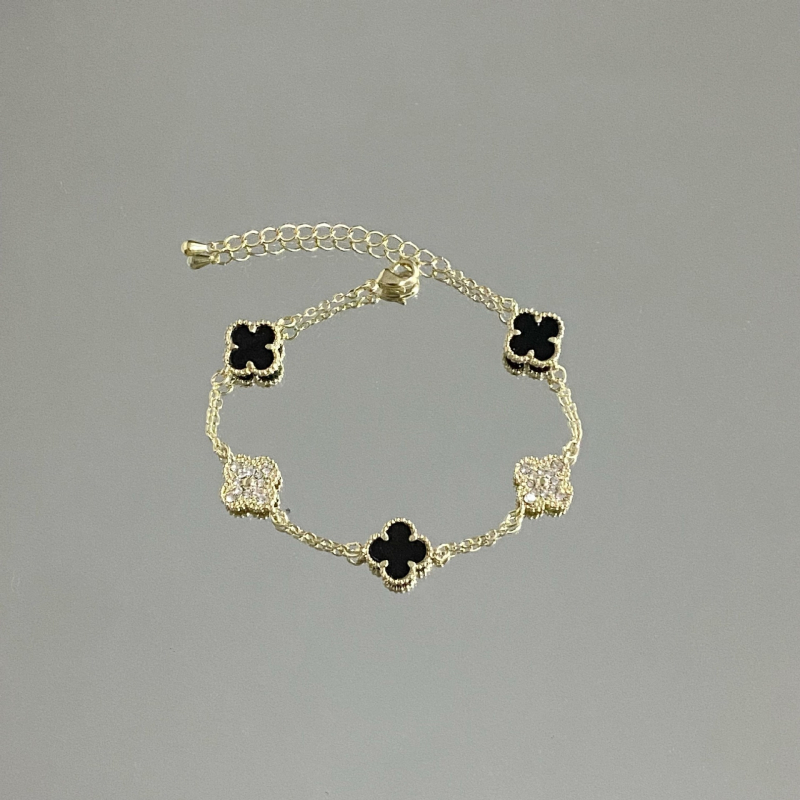 Brățară cu design dublu față, trifoi cu patru foi și zirconiu, din cupru, placare electroplatină, stil feminin lux