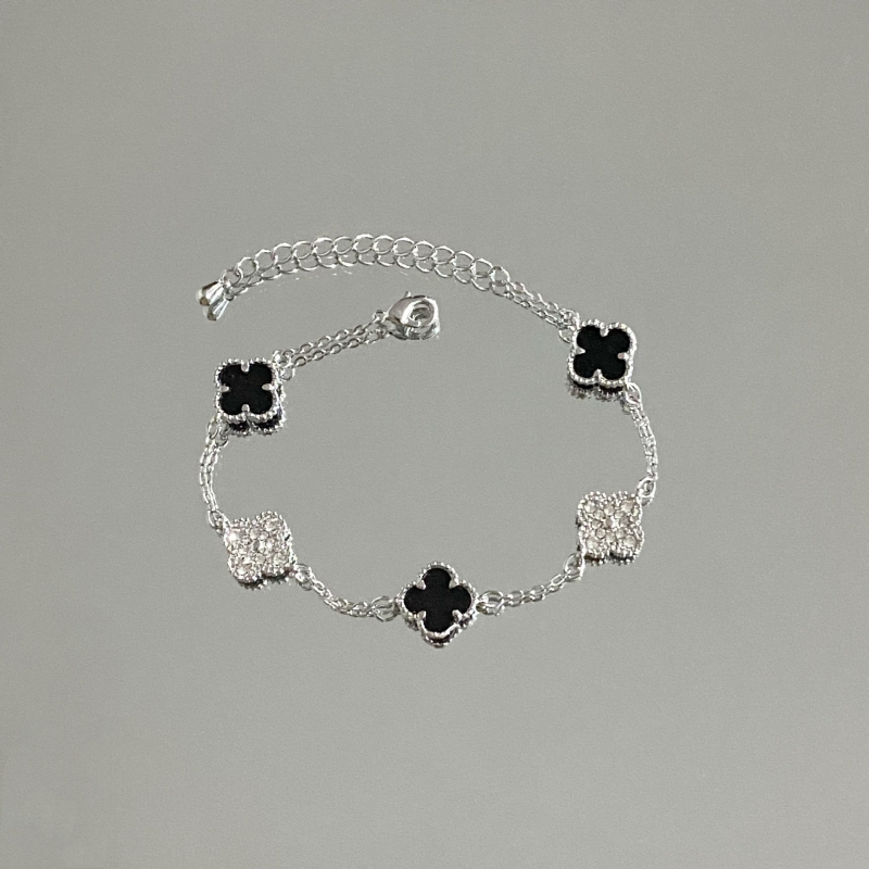 Brățară cu design dublu față, trifoi cu patru foi și zirconiu, din cupru, placare electroplatină, stil feminin lux