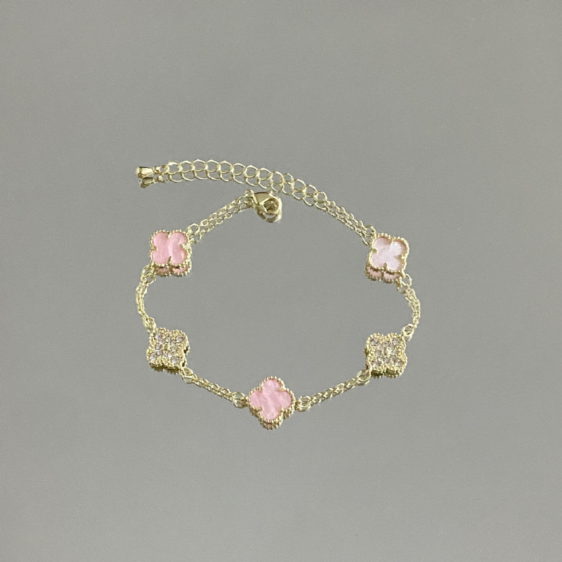 Brățară cu design dublu față, trifoi cu patru foi și zirconiu, din cupru, placare electroplatină, stil feminin lux