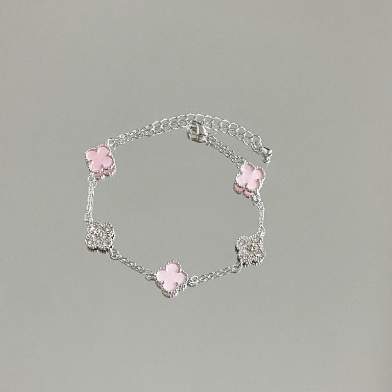 Brățară cu design dublu față, trifoi cu patru foi și zirconiu, din cupru, placare electroplatină, stil feminin lux