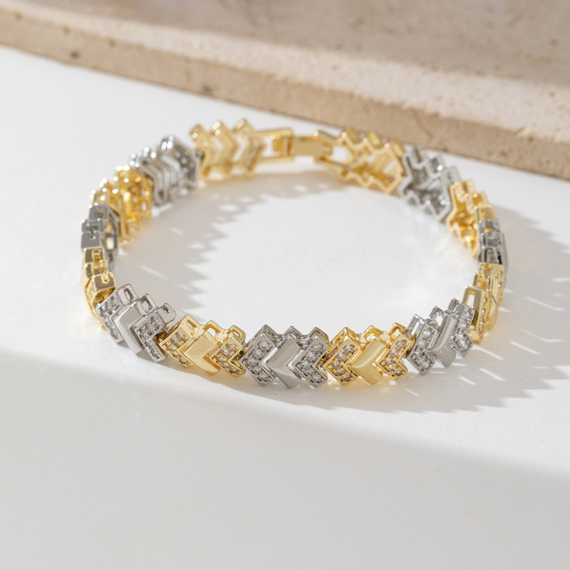 Гривна от мед с позлата 18K, циркони вградени, мотиви: сърце, цвете и звезда, дамски стил за двойки