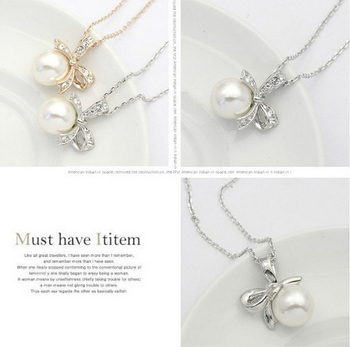 Set naušnica i ogrlice – motiv mašne, umjetne perle, dijamant završna obrada, legura, ženski stil, O-lanac, model 1289
