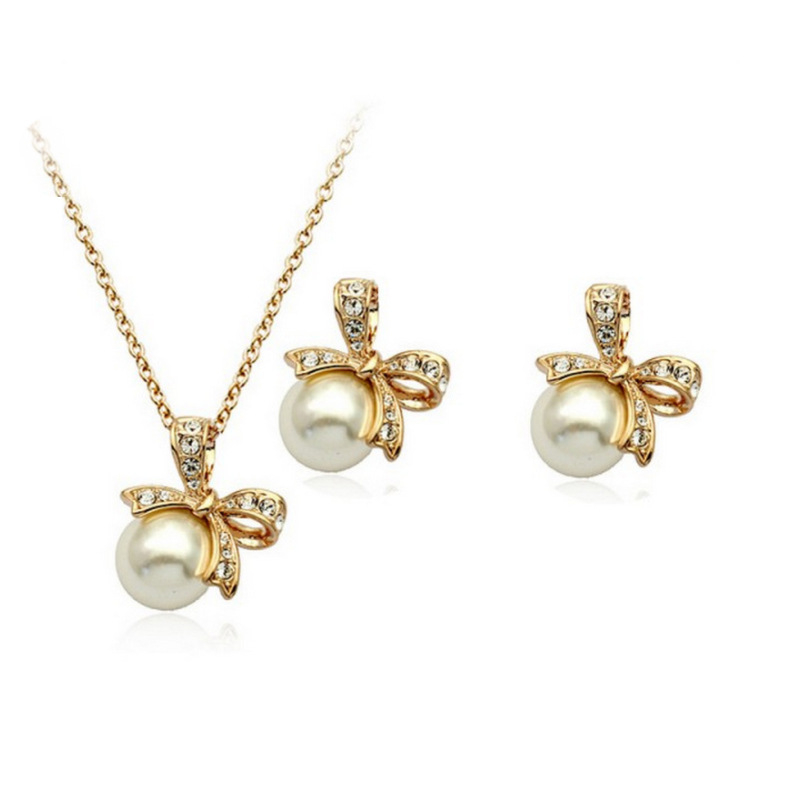 Set naušnica i ogrlice – motiv mašne, umjetne perle, dijamant završna obrada, legura, ženski stil, O-lanac, model 1289