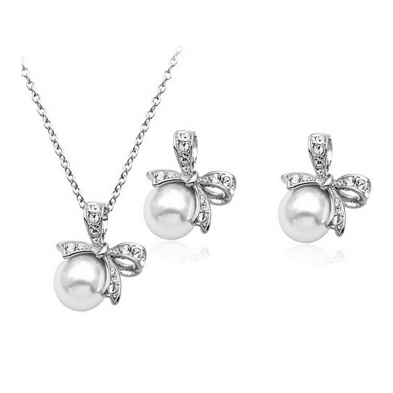 Set naušnica i ogrlice – motiv mašne, umjetne perle, dijamant završna obrada, legura, ženski stil, O-lanac, model 1289