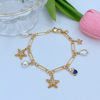 Ženski set nakita: morski motiv s rhinestones, metalni elementi, ogrlica s lancem od perlica, naušnice, prsten i narukvica