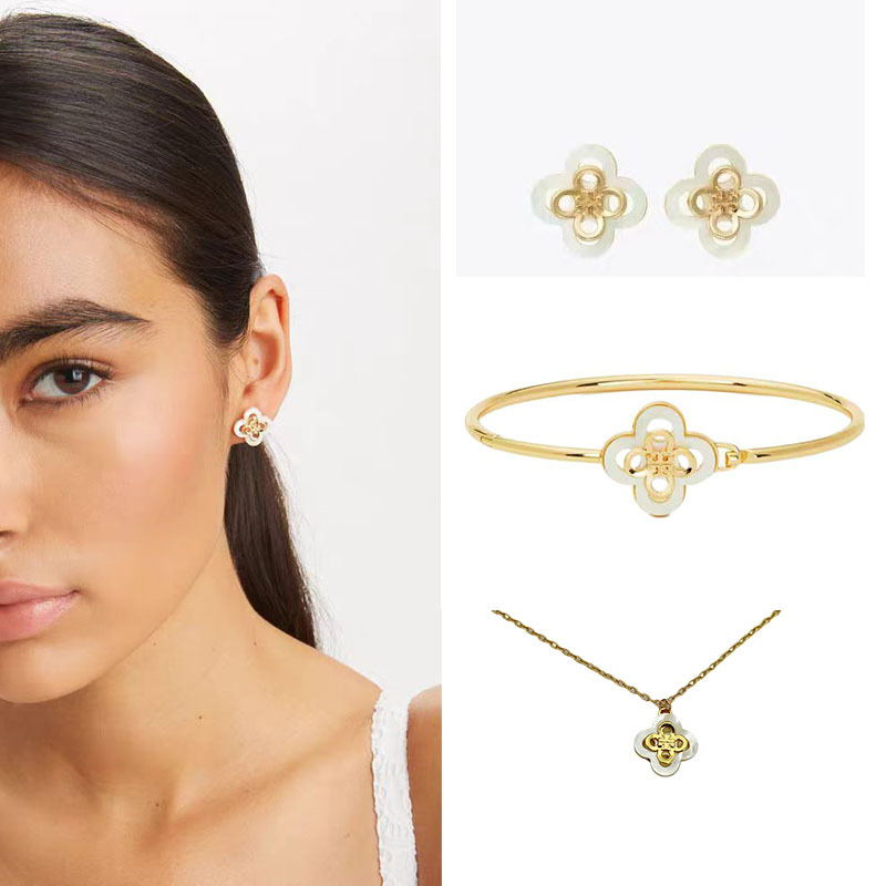 Set nakita – naušnice, ogrlica i narukvica, 18K pozlaćeni bakar, dvostruki slojeviti dizajn četverolistne detelje, križni lančić, privjesak Fritillaria