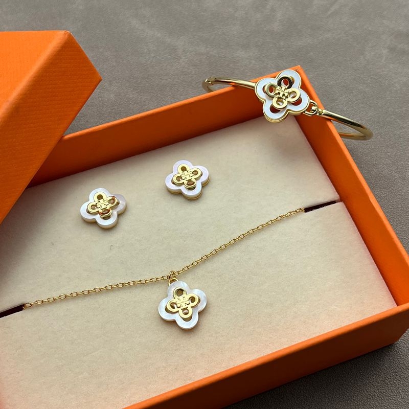 Set nakita – naušnice, ogrlica i narukvica, 18K pozlaćeni bakar, dvostruki slojeviti dizajn četverolistne detelje, križni lančić, privjesak Fritillaria