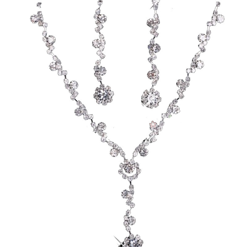 Vjenčani set nakita: ogrlica i naušnice s kristalima, korejski stil, bijeli kristali; Materijal: Kristal; Vrsta kristala: Bijeli Kristal; Privjesak: Rhinestone; Lanac: Figurativan oblik; Uzorak: Geometrijski
