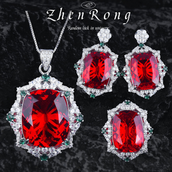 Ékszerszett: Smaragd medálos nyaklánc, galambvér rubin fülbevalók, gyűrű négyzetes gyémánttal — réz, O-klánc, virágos mintázat, retro