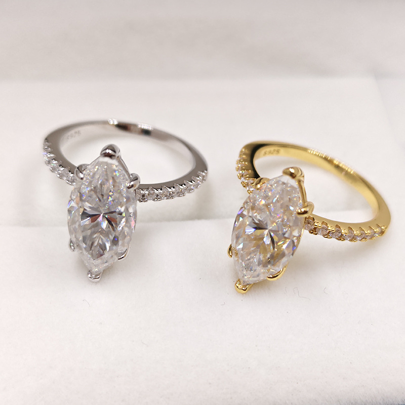 925-ös ezüst gyűrű, 4 karátos marquise Moissanit, korona forma, stacking stílus, polírozott elektroplatázás