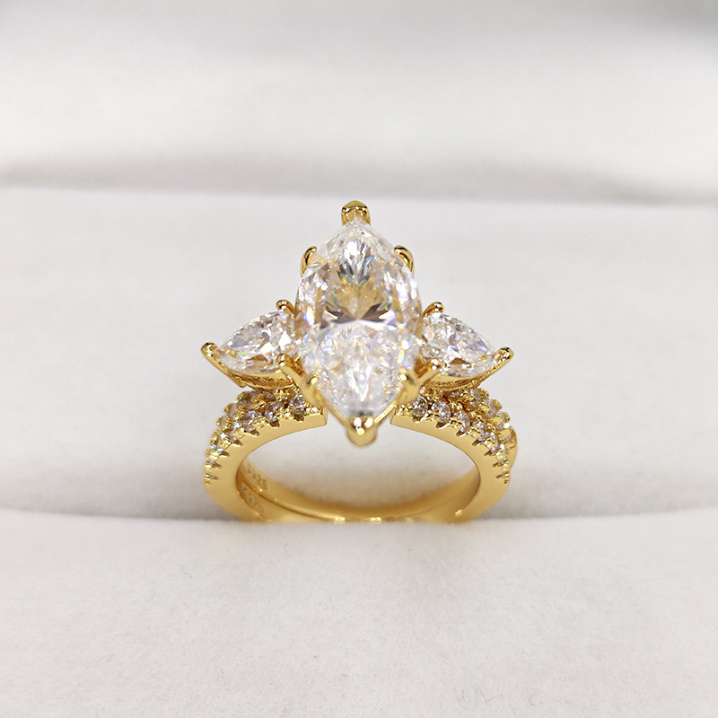 925-ös ezüst gyűrű, 4 karátos marquise Moissanit, korona forma, stacking stílus, polírozott elektroplatázás