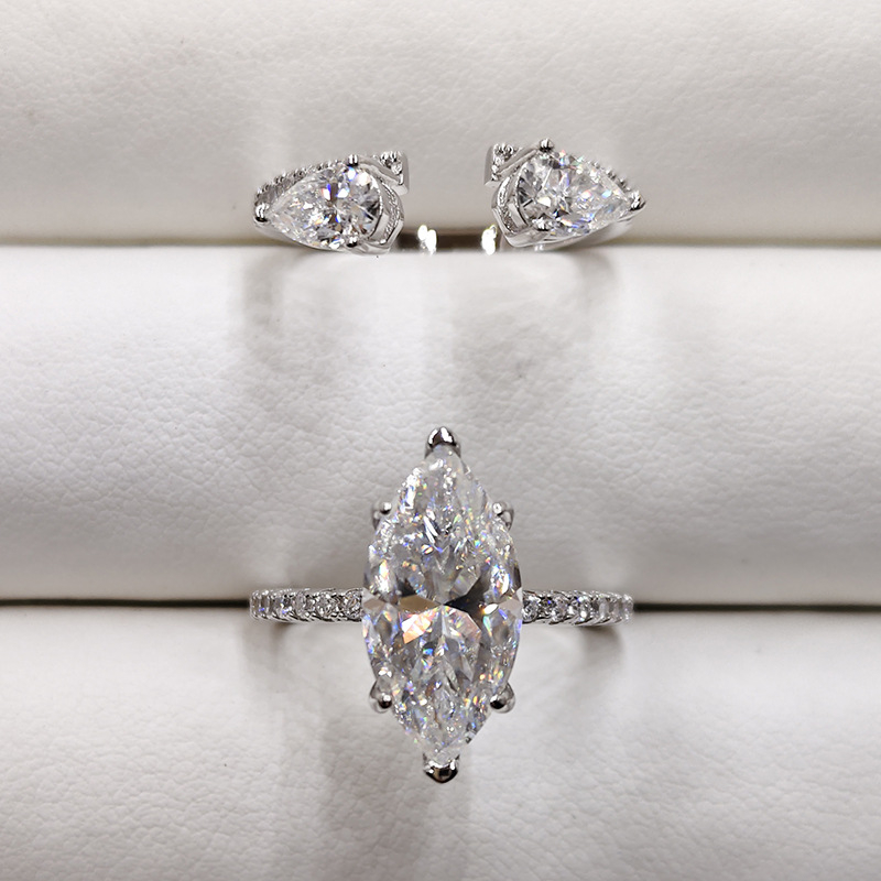 925-ös ezüst gyűrű, 4 karátos marquise Moissanit, korona forma, stacking stílus, polírozott elektroplatázás