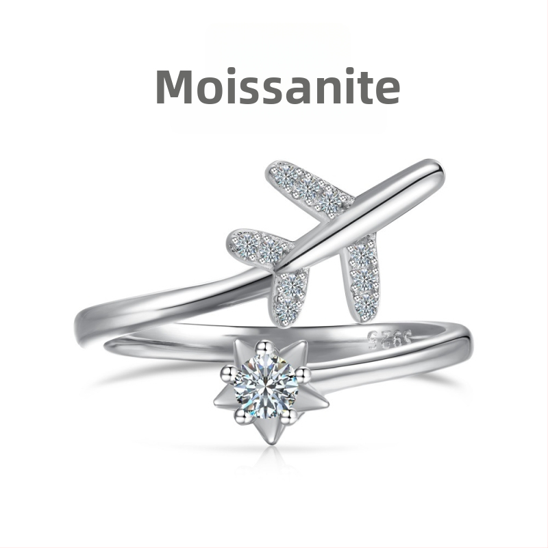 Moissanīts gredzens, 925 sudrabs, ģeometrisks dizains ar sirds‑ūdens pilienu motīvu, sievietēm viegls luksuss