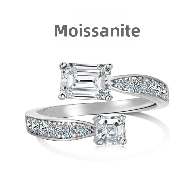 Moissanīts gredzens, 925 sudrabs, ģeometrisks dizains ar sirds‑ūdens pilienu motīvu, sievietēm viegls luksuss