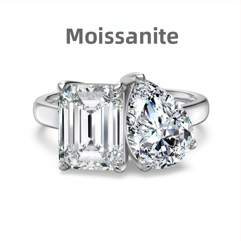 Moissanīts gredzens, 925 sudrabs, ģeometrisks dizains ar sirds‑ūdens pilienu motīvu, sievietēm viegls luksuss