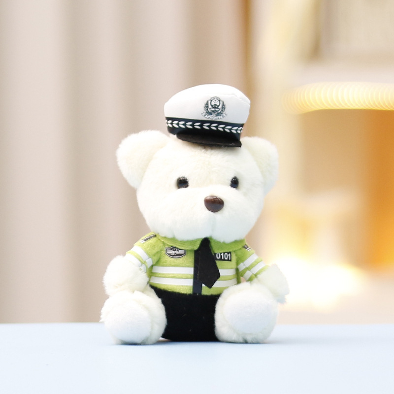 Плюшено мече Пътна полиция – супер мек къс плюш, пълнеж PP памук, ключодържател и украса за чанта, OEM лого