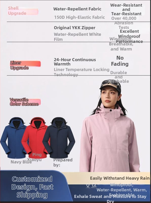 Trys viename striukė su nuimamamu gobtuvu ir logotipo spauda, poliesterio audinys, stovinti apykaklė, užtrauktukas, laisvas kirpimas