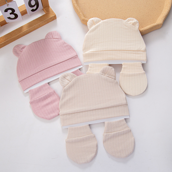 Orgaaniline puuvillane kahesuunaline beebimüts karu kõrvadega, 0–6 kuud, komplekt anti-scratch kindad