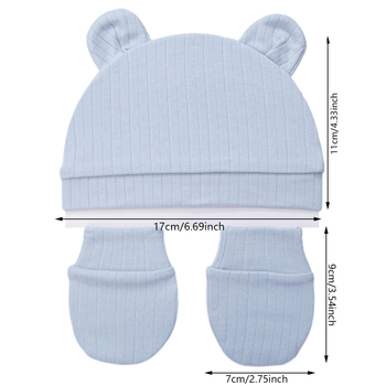 Orgaaniline puuvillane kahesuunaline beebimüts karu kõrvadega, 0–6 kuud, komplekt anti-scratch kindad