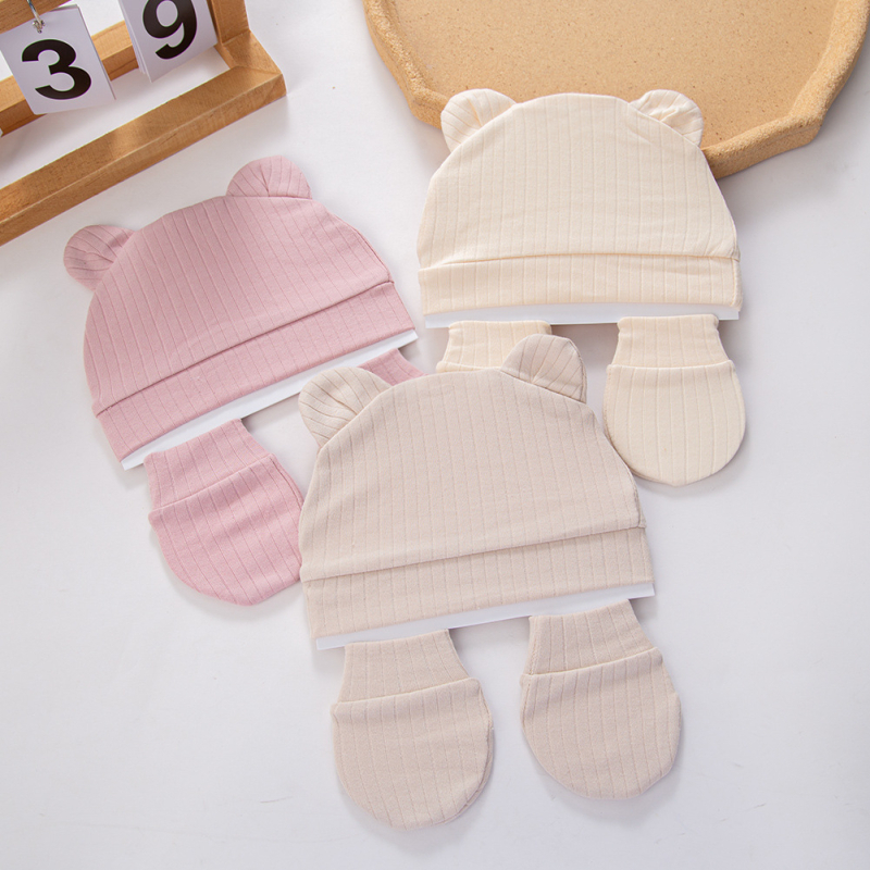 Orgaaniline puuvillane kahesuunaline beebimüts karu kõrvadega, 0–6 kuud, komplekt anti-scratch kindad