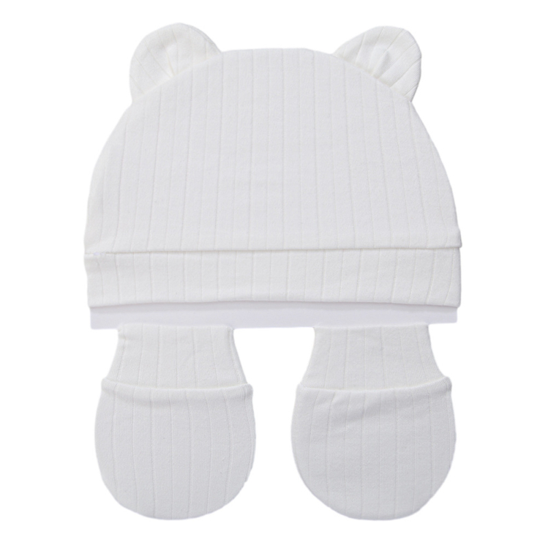 Orgaaniline puuvillane kahesuunaline beebimüts karu kõrvadega, 0–6 kuud, komplekt anti-scratch kindad