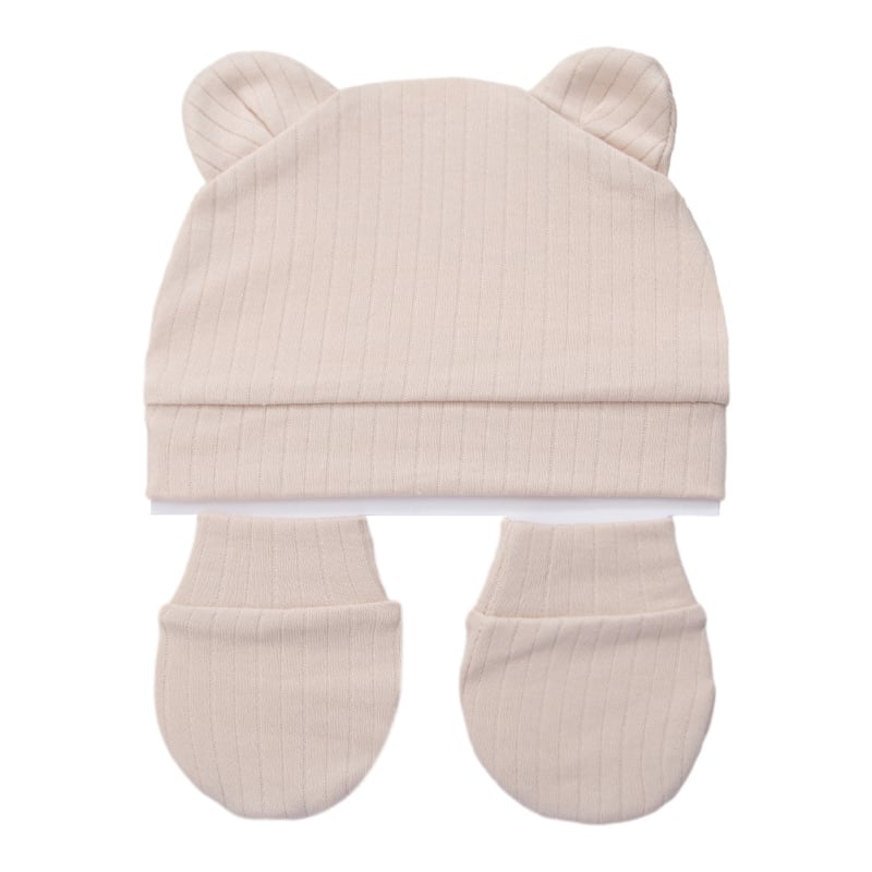 Orgaaniline puuvillane kahesuunaline beebimüts karu kõrvadega, 0–6 kuud, komplekt anti-scratch kindad