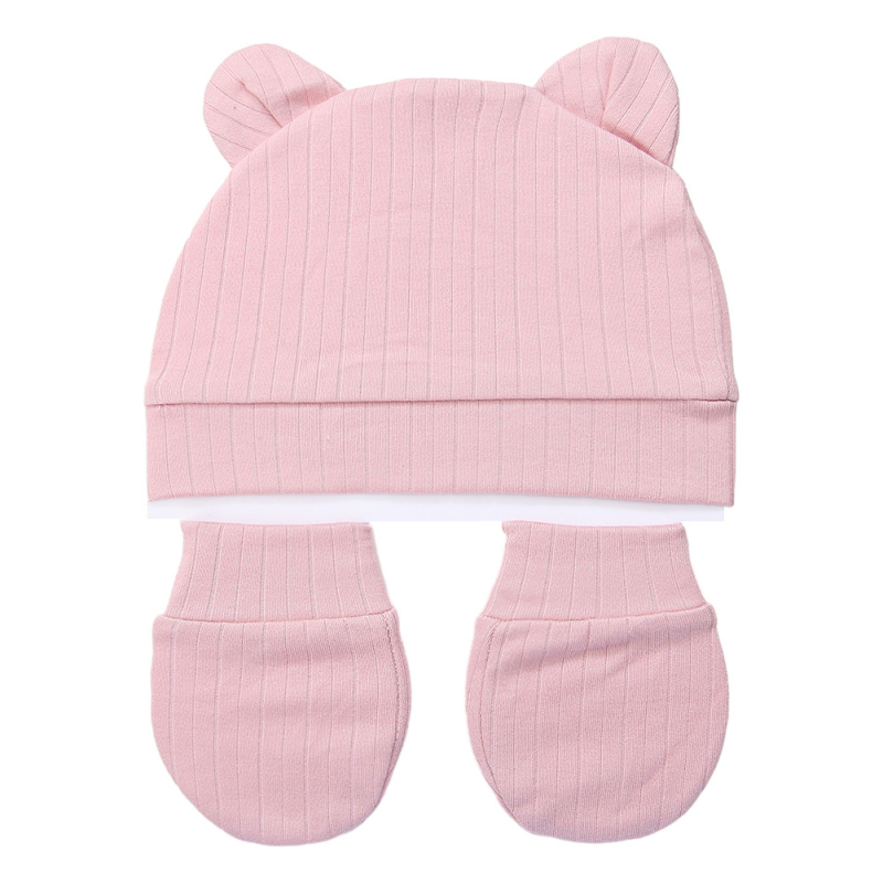 Orgaaniline puuvillane kahesuunaline beebimüts karu kõrvadega, 0–6 kuud, komplekt anti-scratch kindad