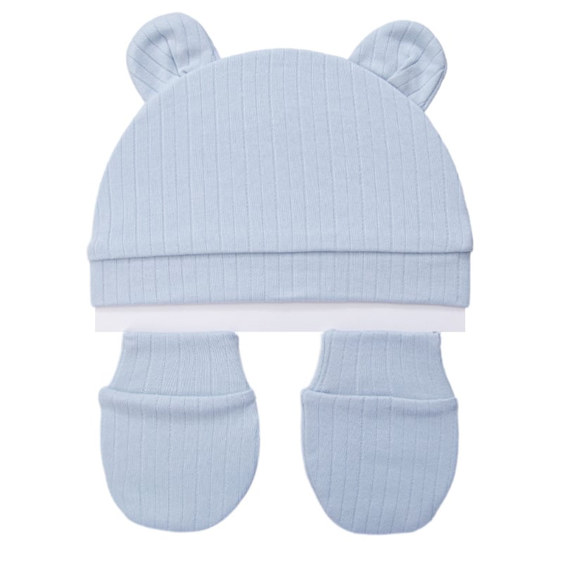 Orgaaniline puuvillane kahesuunaline beebimüts karu kõrvadega, 0–6 kuud, komplekt anti-scratch kindad