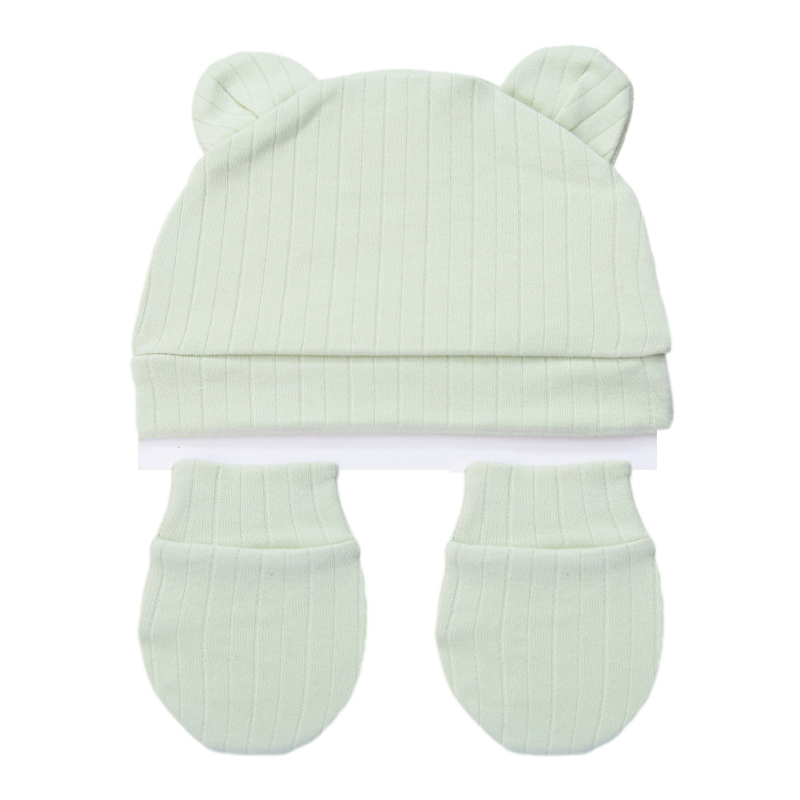 Orgaaniline puuvillane kahesuunaline beebimüts karu kõrvadega, 0–6 kuud, komplekt anti-scratch kindad