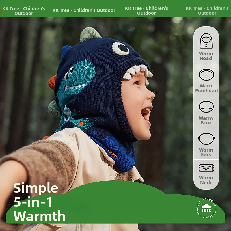 Kocotree Laste ühiselt kootud müts integreeritud dinosauruse salliga – talv, kupolita tipp, 4–6 aastat