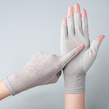 Női félujjas Ice Silk kesztyűk 7038 – ujjak nélküli kesztyű manikűrhöz, teakeveréshez, kerékpározáshoz és vezetéshez; lélegző, UV-védelem, csúszásmentes, ultrakönnyű, érintőképernyő-kompatibilis (12 pár csomagolásonként)