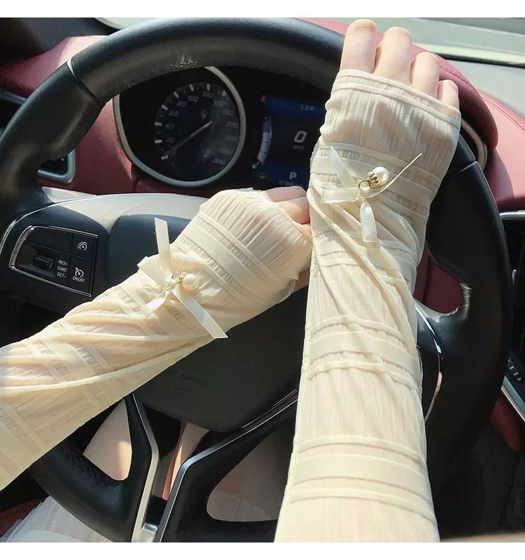 Korejski stil rukava za sunce s perlastim detaljem, dugi ice-silk rukavi za žene — najlon tkanina, sadržaj najlona 31–50%, proljeće 2025 izdanje