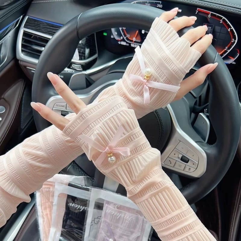 Korejski stil rukava za sunce s perlastim detaljem, dugi ice-silk rukavi za žene — najlon tkanina, sadržaj najlona 31–50%, proljeće 2025 izdanje
