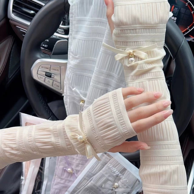 Korejski stil rukava za sunce s perlastim detaljem, dugi ice-silk rukavi za žene — najlon tkanina, sadržaj najlona 31–50%, proljeće 2025 izdanje